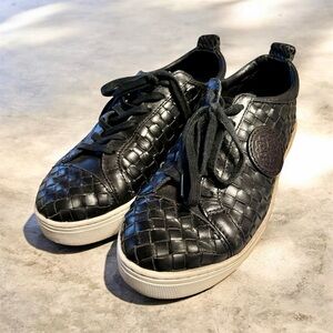 Brighton Ferrara Monte Sneakers Black Woven Leather Sz 9M Ret $235 Padded Comfy